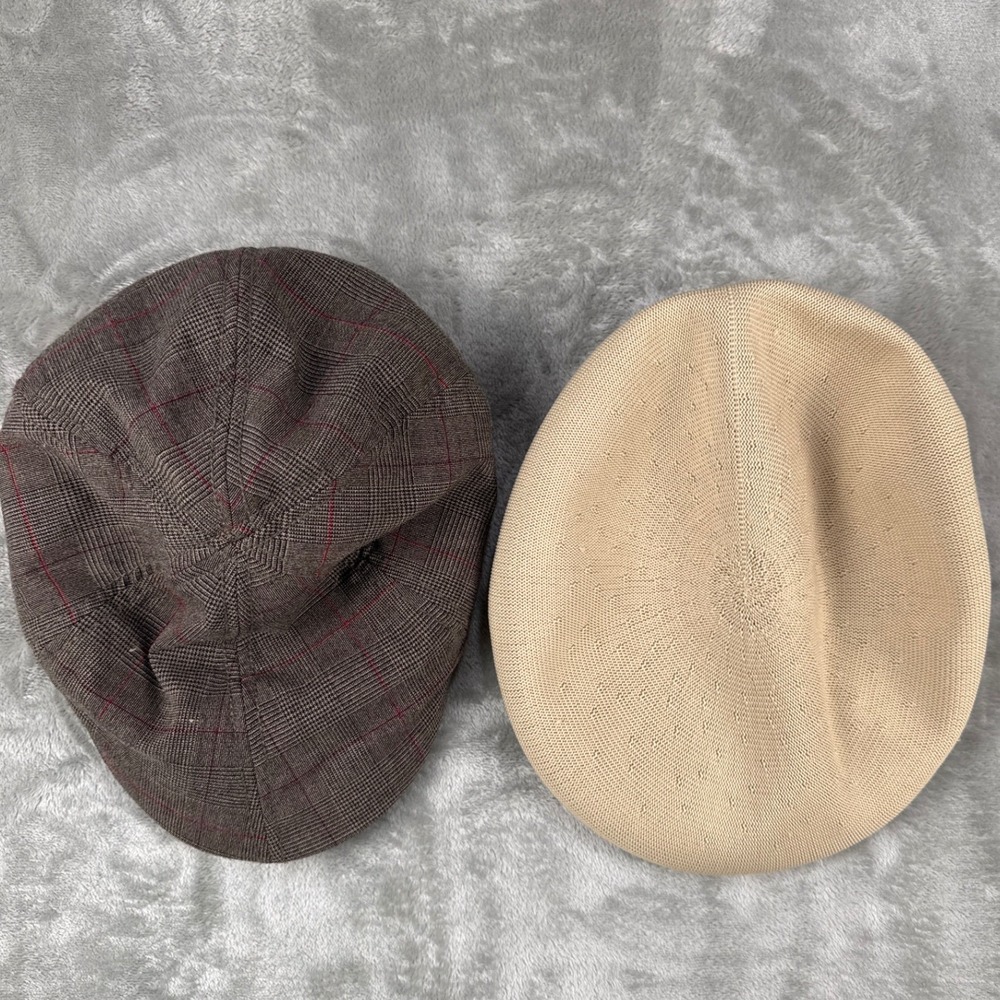 Kangol Tropic 504 Beige Tan & Vintage Crown Co Brown Plaid Flat Cap Hat Bundle S